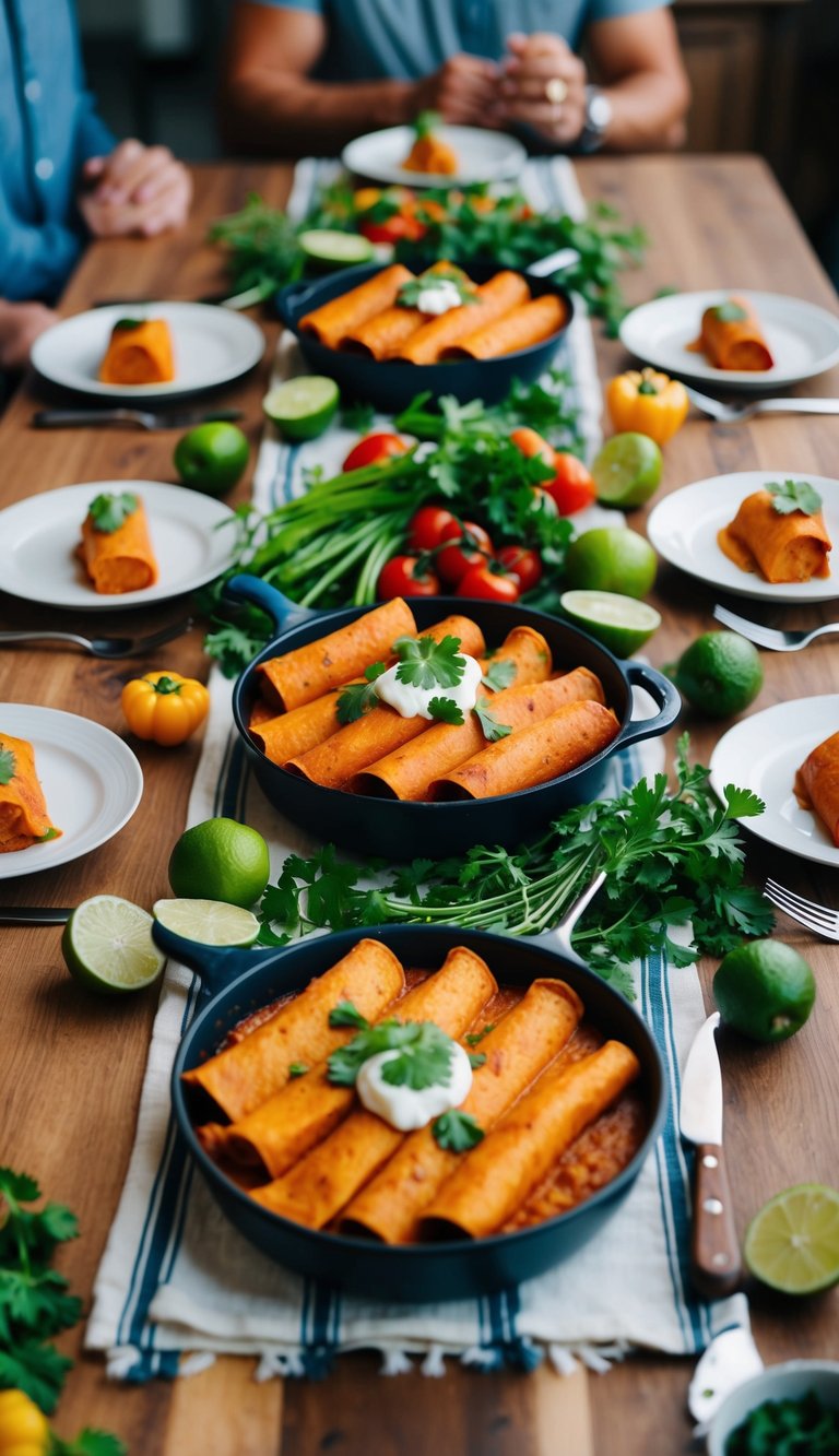 A table set with colorful sweet potato enchiladas surrounded by fresh vegetables and herbs. A family gathering for a Father's Day meal