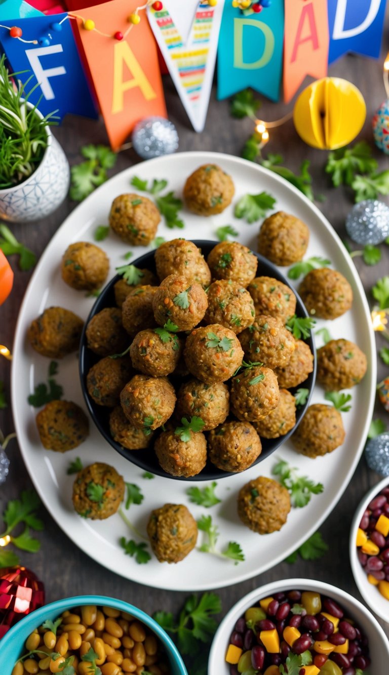 A table set with a variety of vegan black bean meatballs and other plant-based dishes, surrounded by festive Father's Day decorations