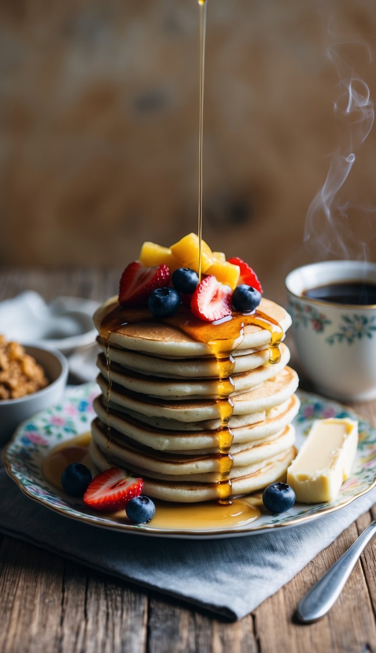 A stack of fluffy vegan pancakes topped with fresh fruit and drizzled with maple syrup, served on a decorative plate with a side of plant-based butter and a steaming cup of coffee