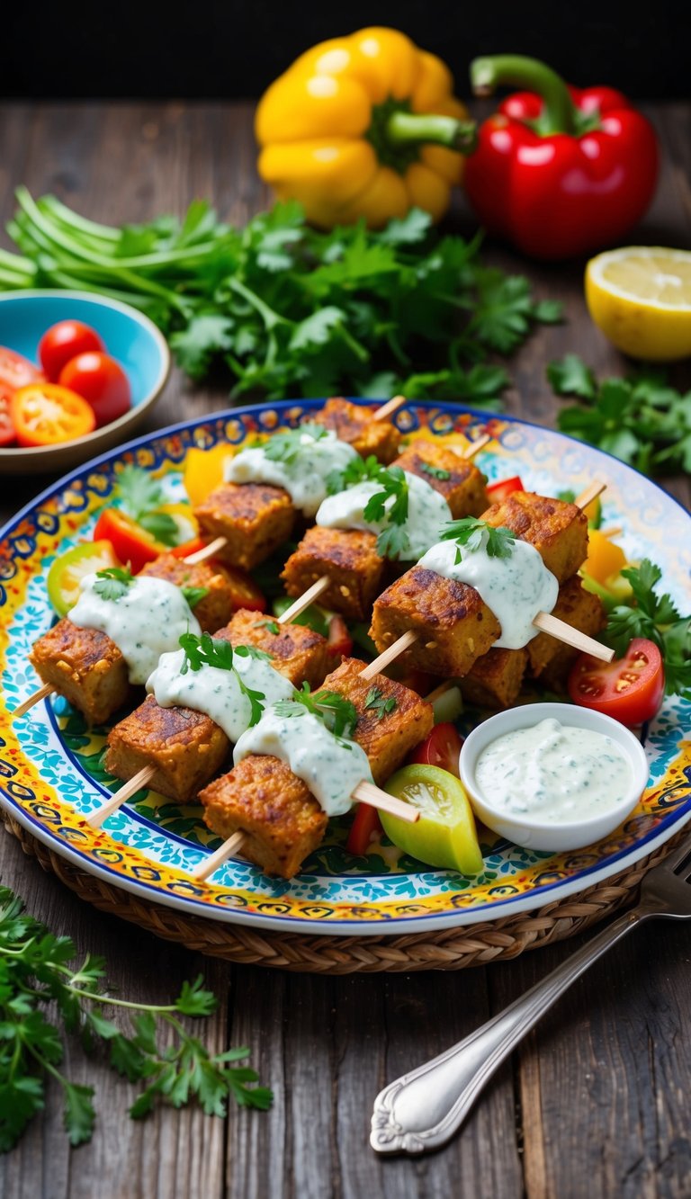 A colorful plate of jackfruit souvlaki with tzatziki, surrounded by fresh vegetables and herbs, set on a rustic wooden table