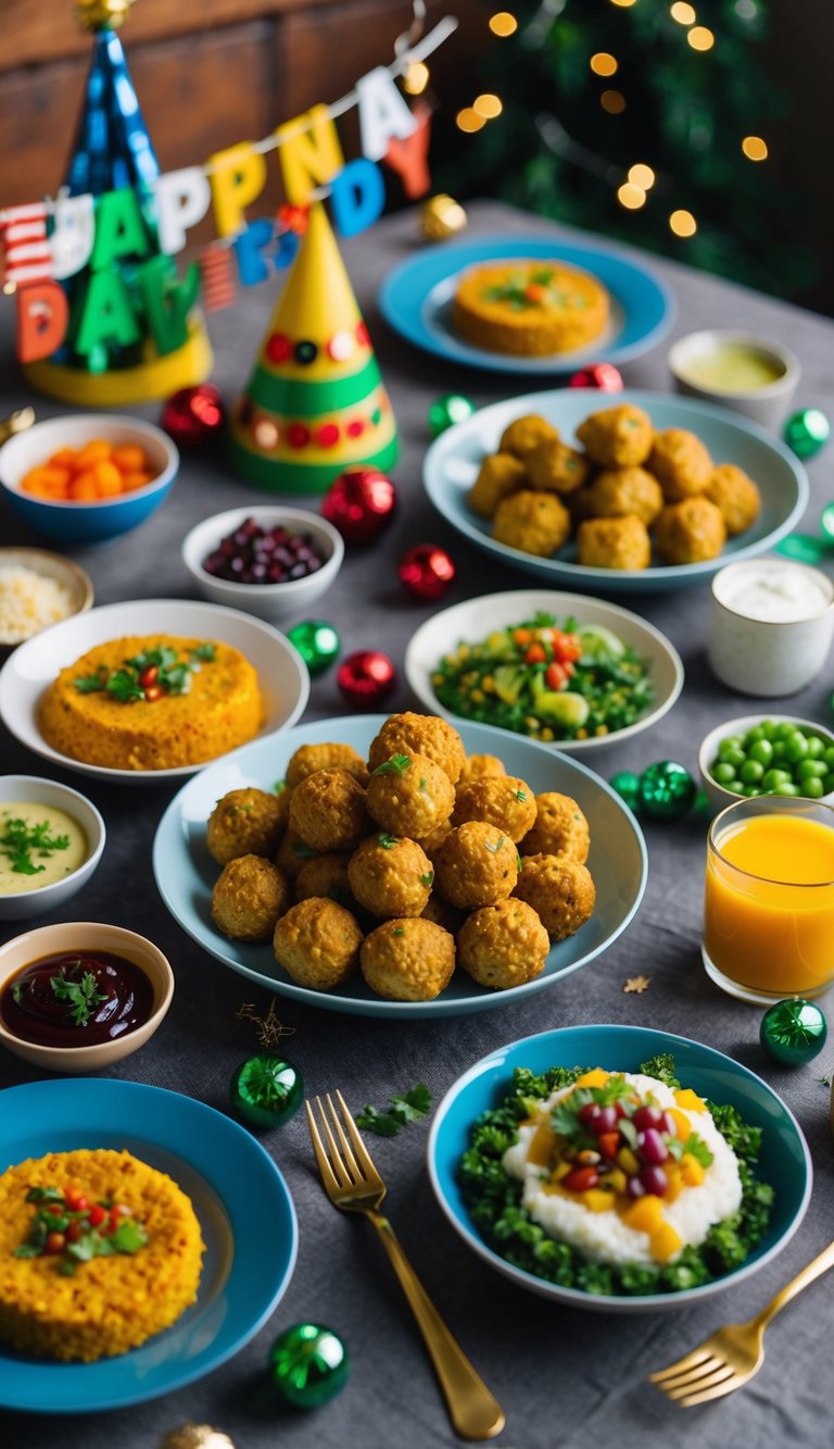 A table spread with a variety of vegan dishes, including tempeh meatballs, surrounded by festive decorations for Father's Day