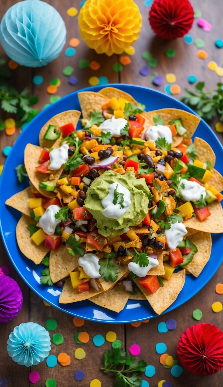 A colorful platter of loaded vegan nachos topped with fresh vegetables, guacamole, and dairy-free cheese, surrounded by festive Father's Day decorations