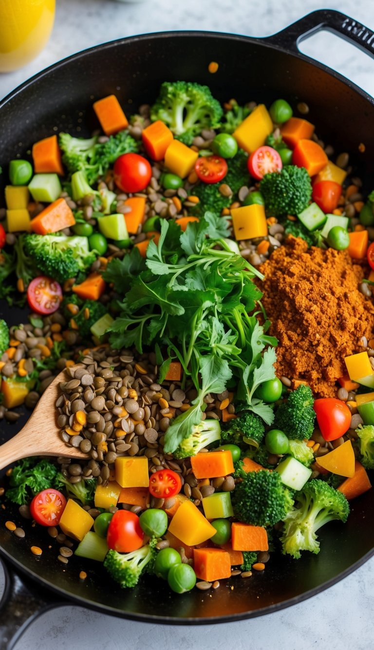 A colorful array of fresh vegetables, lentils, and spices sizzling in a skillet, ready to be transformed into a delicious vegan Sloppy Joe filling