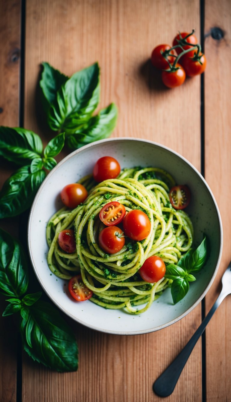 A bowl of vibrant green pesto pasta with cherry tomatoes and basil leaves, served on a wooden table with a fork beside it