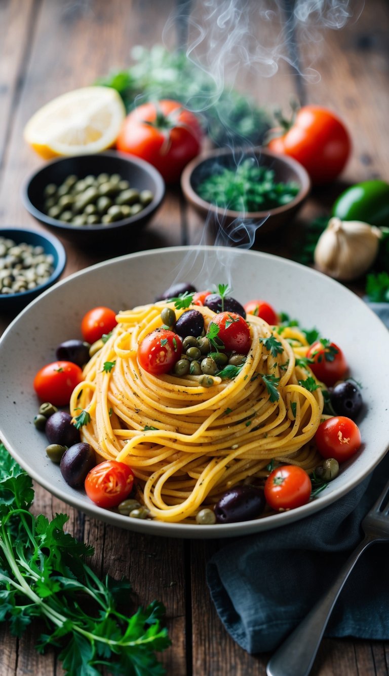 A steaming bowl of vegan puttanesca pasta surrounded by fresh ingredients like tomatoes, olives, capers, and herbs on a rustic wooden table
