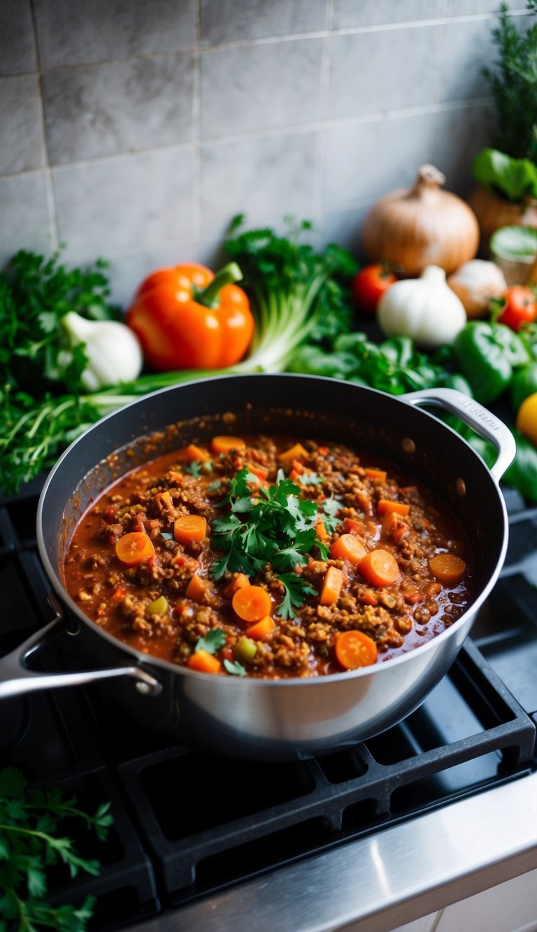 A simmering pot of classic vegan Bolognese sauce on a stovetop, surrounded by fresh vegetables and herbs