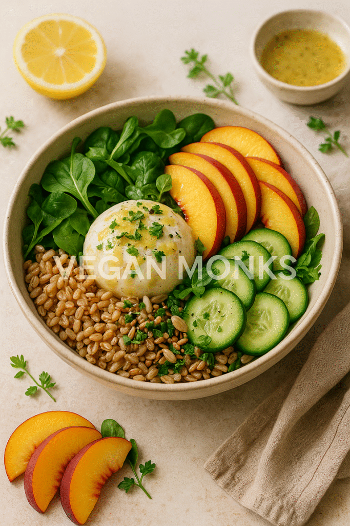 Peach Burrata Bowl with Farro & Greens