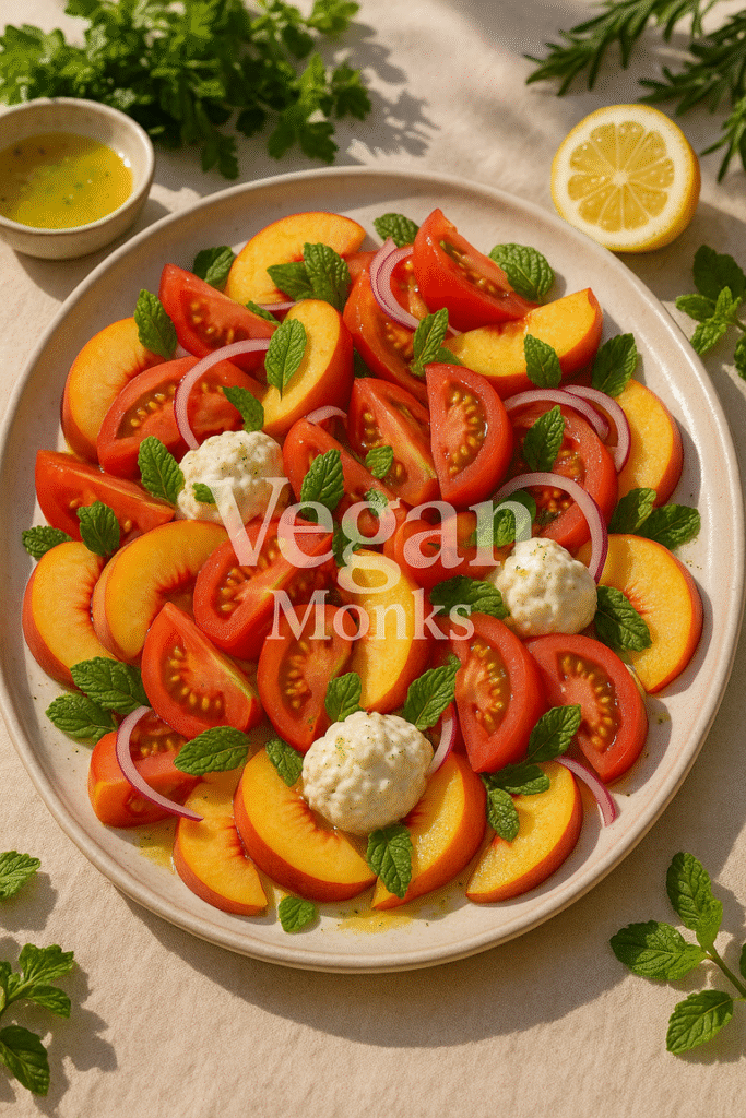 Peach Burrata Tomato Salad with Mint & Lemon Vinaigrette