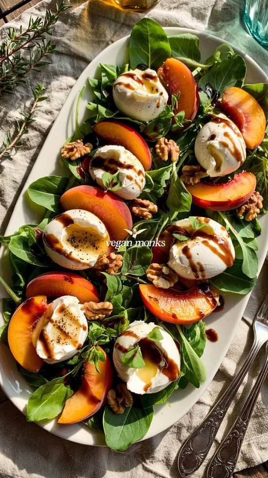 Roasted Peach Burrata Salad with Balsamic & Baby Greens