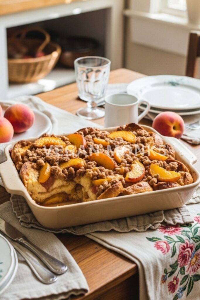 Peach Cobbler Vegan French Toast Casserole